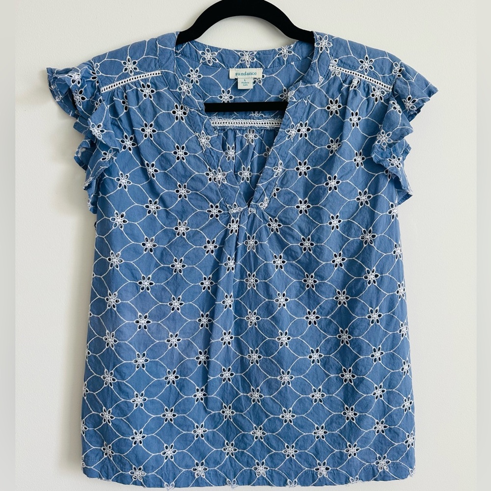 SUNDANCE Blue Eyelet Ruffle-Sleeve Blouse Size L